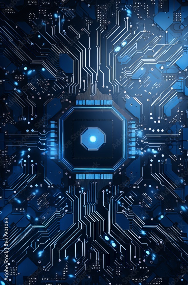 Fototapeta premium Large blue circuit board. Beautiful illustration picture. Generative AI