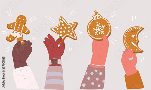 Vector illustration of ginger cookies. Hand holding star, man, ball, crescent shapes gingerbread. Merry Christmas and Happy New Year concept.