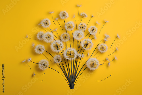 Dried dandelions bouquet  minimalistic flat lay arrangement on pastel yellow background