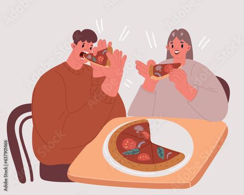 Vector illustration of couple man and woman eating pizza together