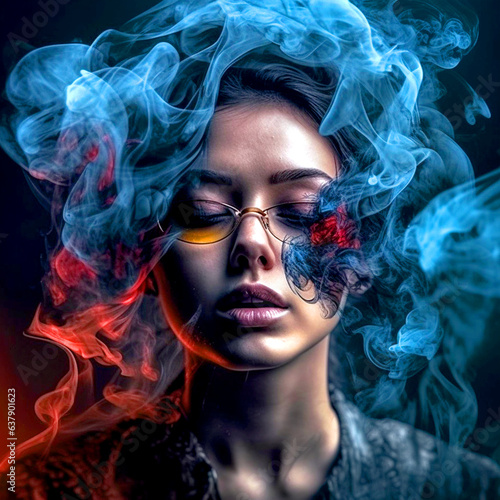 A pretty girl posing the camera over the colorful smoke
