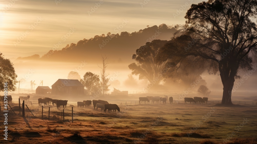 Misty morning scene of countryside. Beautiful illustration picture. Generative AI