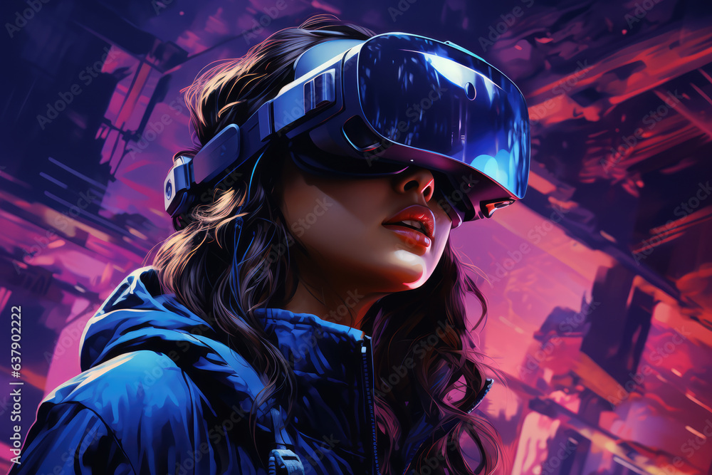 an image of a girl with a virtual reality device, in the style of dark violet and sky-blue, ai generated.