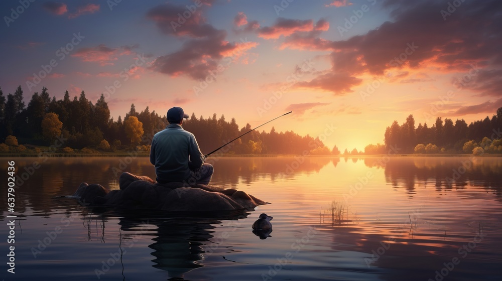 Man is sitting by the lake, enjoying tranquility. Beautiful illustration picture. Generative AI
