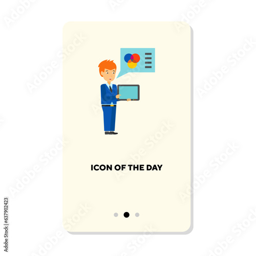 Business presentation flat icon. Speaker with tablet isolated. Presentation concept. Vector illustration symbol elements for web design