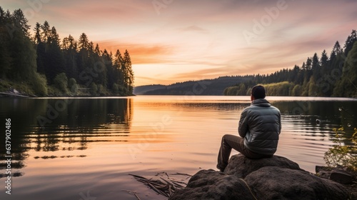 Man is sitting by the lake, enjoying tranquility. Beautiful illustration picture. Generative AI