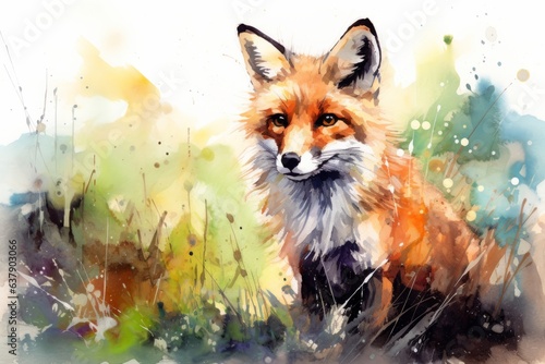 Adorable red fox art, watercolor. Beautiful illustration picture. Generative AI