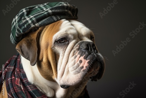 english bulldog wearing a chic, plaid bandana