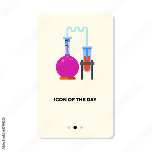 Chemical experiment on white background. Liquid boiling in flask distilling to tube cartoon illustration. Chemistry, lab, study, research concept. Vector illustration symbol elements for web design