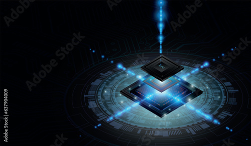 CPU Chip on Motherboard. Central Computer Processors CPU concept. Quantum computer, large data processing, database concept. Futuristic microchip processor. Digital chip.