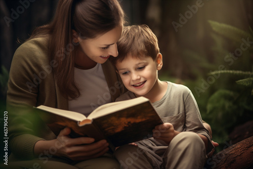 parents reading a story to children. 