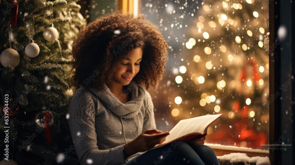 A woman reading a book in front of a christmas tree
