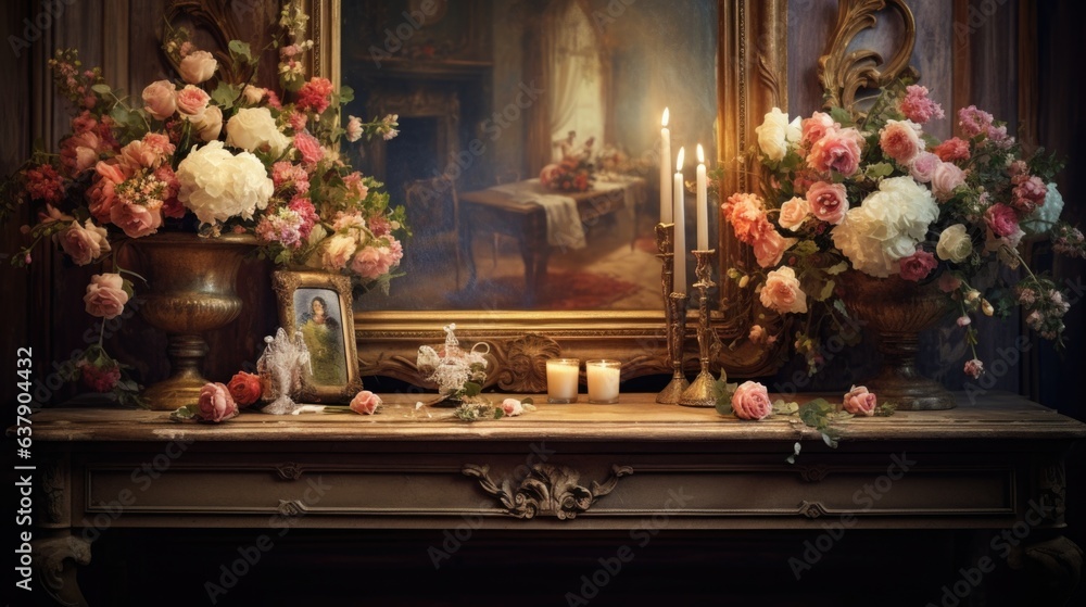 A painting of a mantel with flowers and candles
