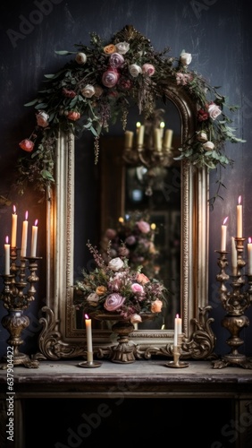 A mirror with flowers and candles on a table