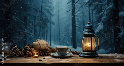 A lantern and a cup of coffee on a table