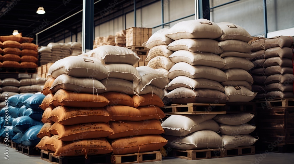 Generative AI, Stack hemp sacks of rice or coffee, industrial storage Generative AI, Stack hemp sacks of rice or coffee, industrial storage