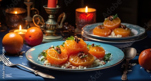 A blue plate topped with oranges next to silverware
