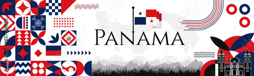Fototapeta Naklejka Na Ścianę i Meble -  The Panama Independence Day abstract banner design with flag and map. Flag color theme geometric pattern retro modern Illustration design. Blue and red color template.