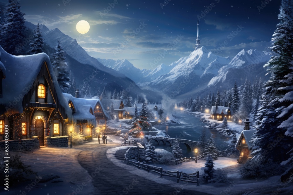 a picturesque snowy village at night