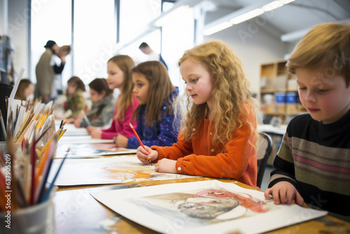 A child painting a picture in art class. 