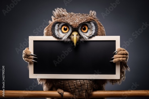 a owl holding a black board with orange eyes, concept of education and school photo