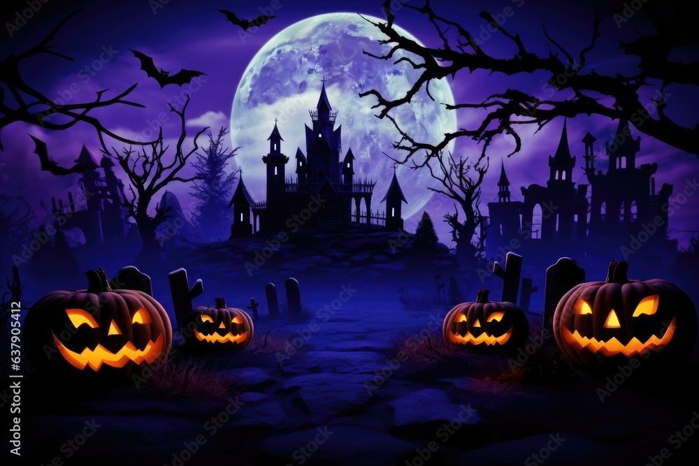 Halloween scene with pumpkins and a haunted castle in the background