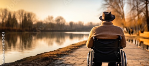 A man in a wheelchair enjoying the view of a serene lake