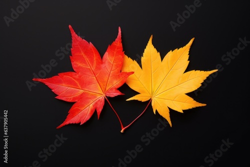 Two vivid autumn leaves against a dark background