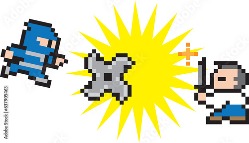 ゲーム風ドット絵　忍者と侍