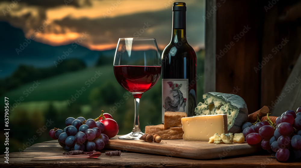 Glass and bottle of red wine with grapes and cheese, vineyard in background