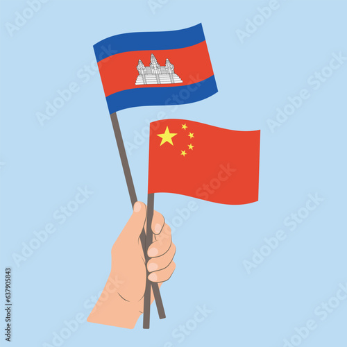 Flags of Cambodia and China, Hand Holding flags