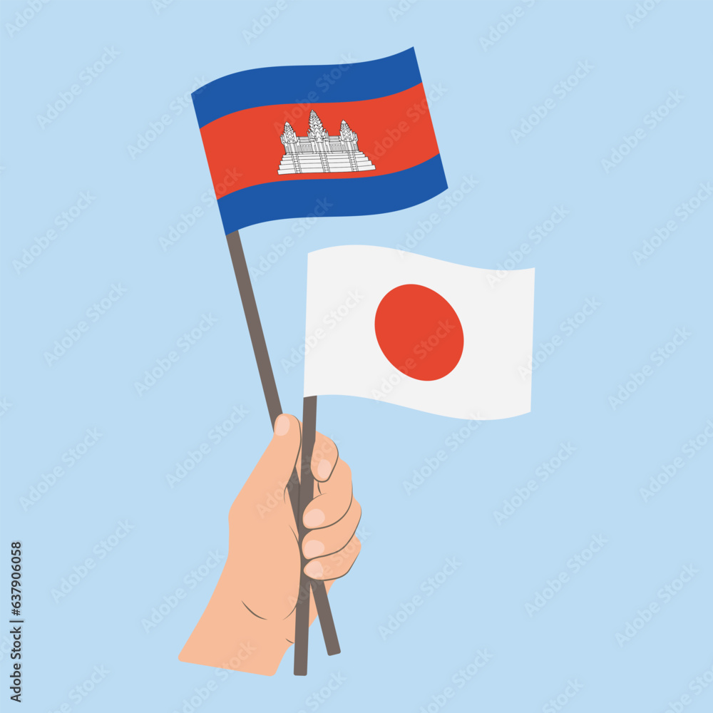 Flags of Cambodia and Japan, Hand Holding flags Flags of Cambodia and Japan, Hand Holding flags