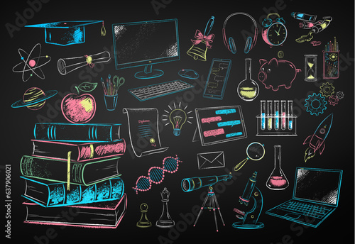 Vector color chalk drawn illustration set of education and science items on chalkboard background.