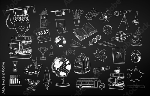 Vector chalk drawn illustration set of education and science items on chalkboard background.