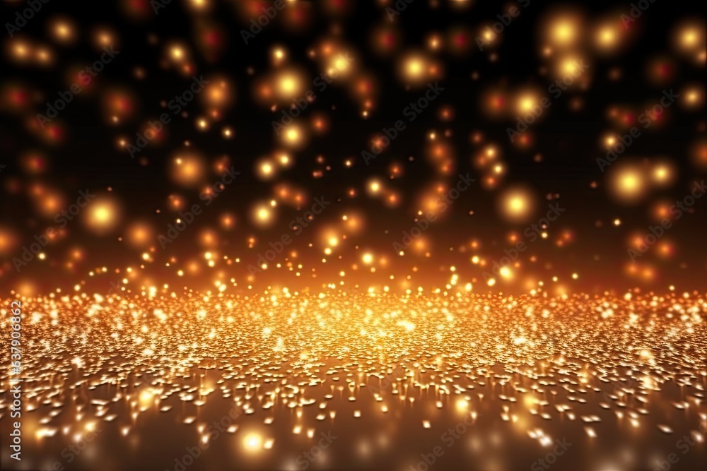 Obraz premium Gold bokeh light background, Christmas glowing bokeh confetti and sparkle texture overlay for your design. Sparkling gold dust abstract golden luxury decoration background.