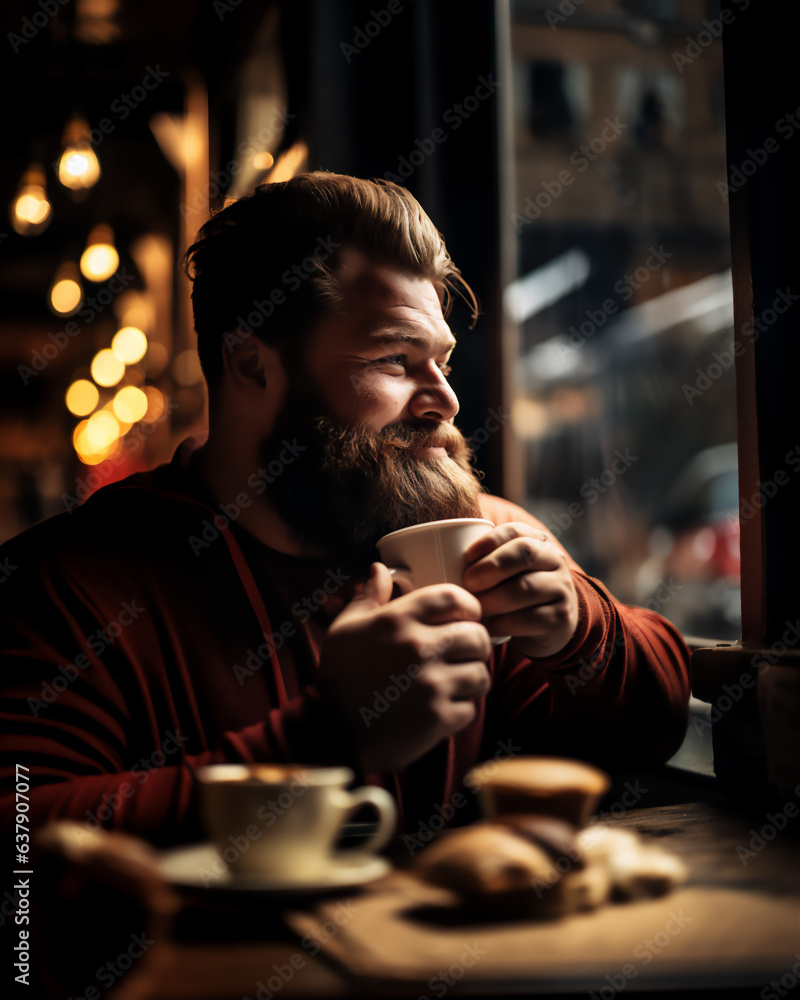 handsome overweight man savoring coffee in vintage coffee shop