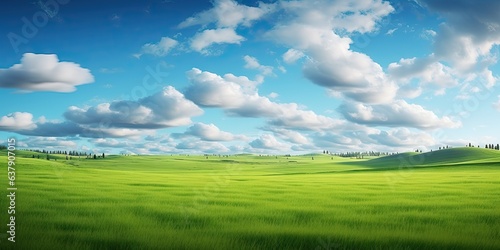 Nature canvas. Vibrant fields under blue sky. Meadow serenity. Embracing tranquility of summer. Horizons unveiled. Exploring beauty of green field