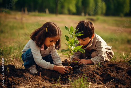 children planting trees together promoting environment.  