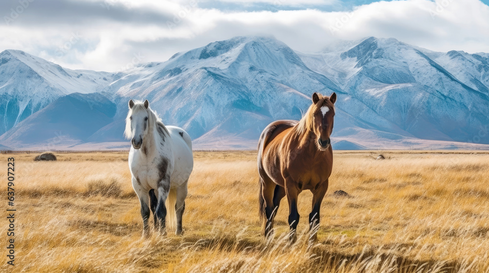 Horses in a pasture near mountains in Kazakhstan Horses in a pasture near mountains in Kazakhstan