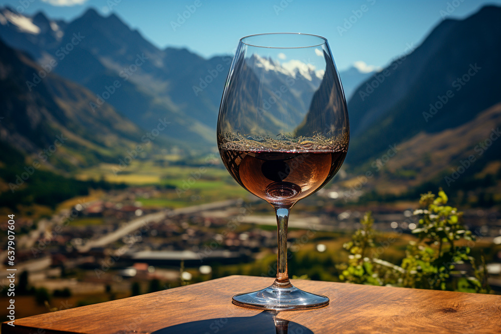 wine in a glass on a wooden table in the mountains