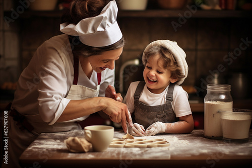 child helping cooking their parents in the kitchen. Generative AI