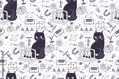 Seamless pattern in doodle style with funny cat for physics school subject. Background for educational stationery and textiles.
