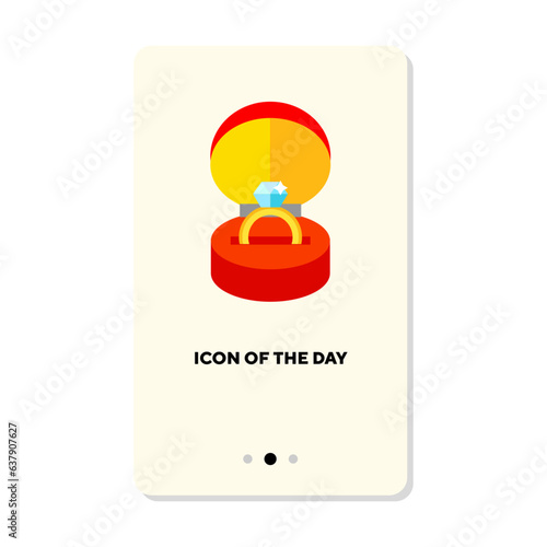 Expensive ring flat icon. Golden ring with diamond in a velvet box isolated vector sign. Luxury and accessory concept. Vector illustration symbol elements for web design and apps