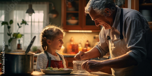 child helping cooking their grantparents in the kitchen. Generative AI