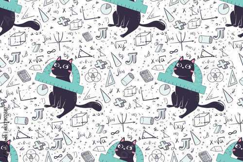 Seamless mathematical pattern in doodle style with funny cat. Background for educational stationery and textiles