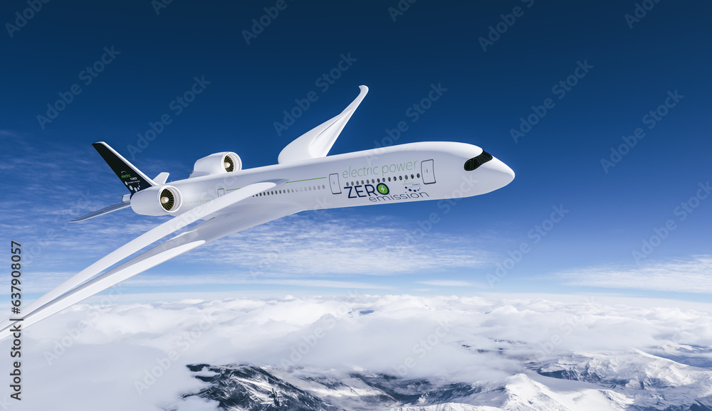 electric powered commercial Aeroplane flying in the sky - future electro energy aviation concept.