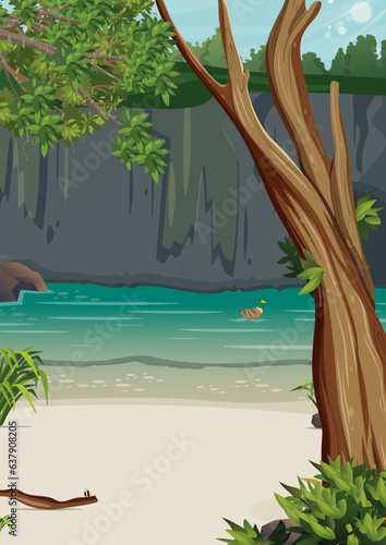 View of the river from the edge of a cliff, with a sandy beach.
Vector illustration of magnificent natural landscape, blue water, sandy beach, trees and bushes on the banks, clear sky, cliff