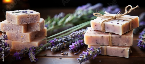 Natural handmade soap bars with lavender flowers on wooden background. Selective focus. background with a copy space.
