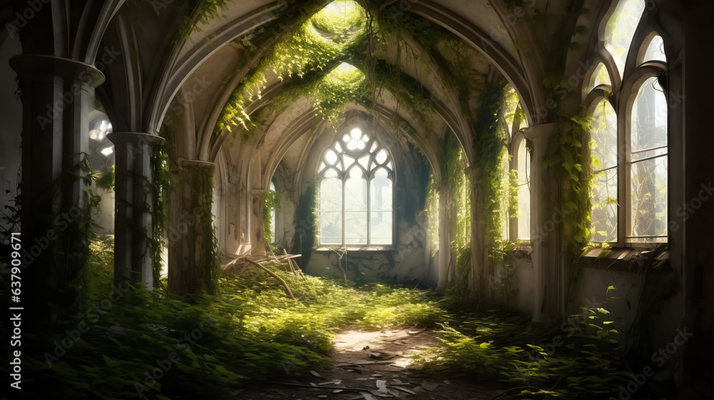 Abandoned and overgrown with greenery castle hall by AI