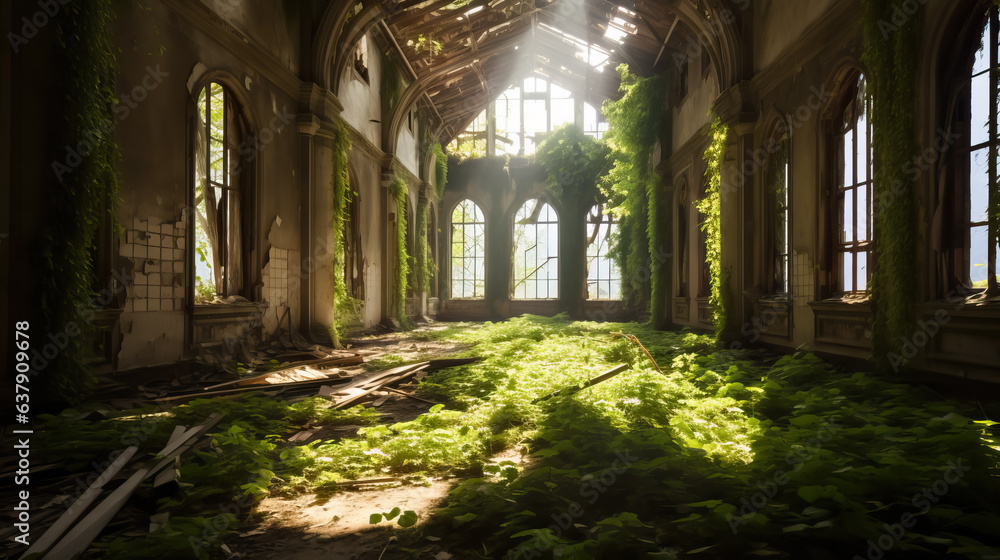 Abandoned and overgrown with greenery castle hall by AI Abandoned and overgrown with greenery castle hall by AI